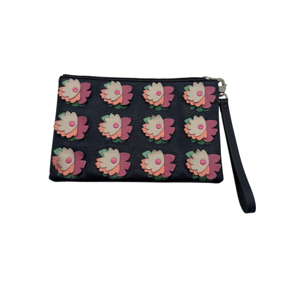 Fossil Navy Blue Floral Appliqué Wristlet Clutch Pouch Zipper Bag